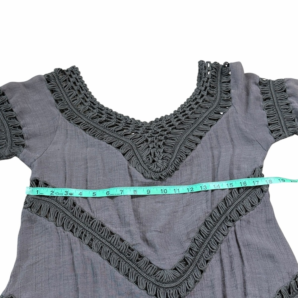 Dreamers Dark Gray Crochet & Gauze Boho Fringe Tunic Blouse - Size Medium - Picture 12 of 14
